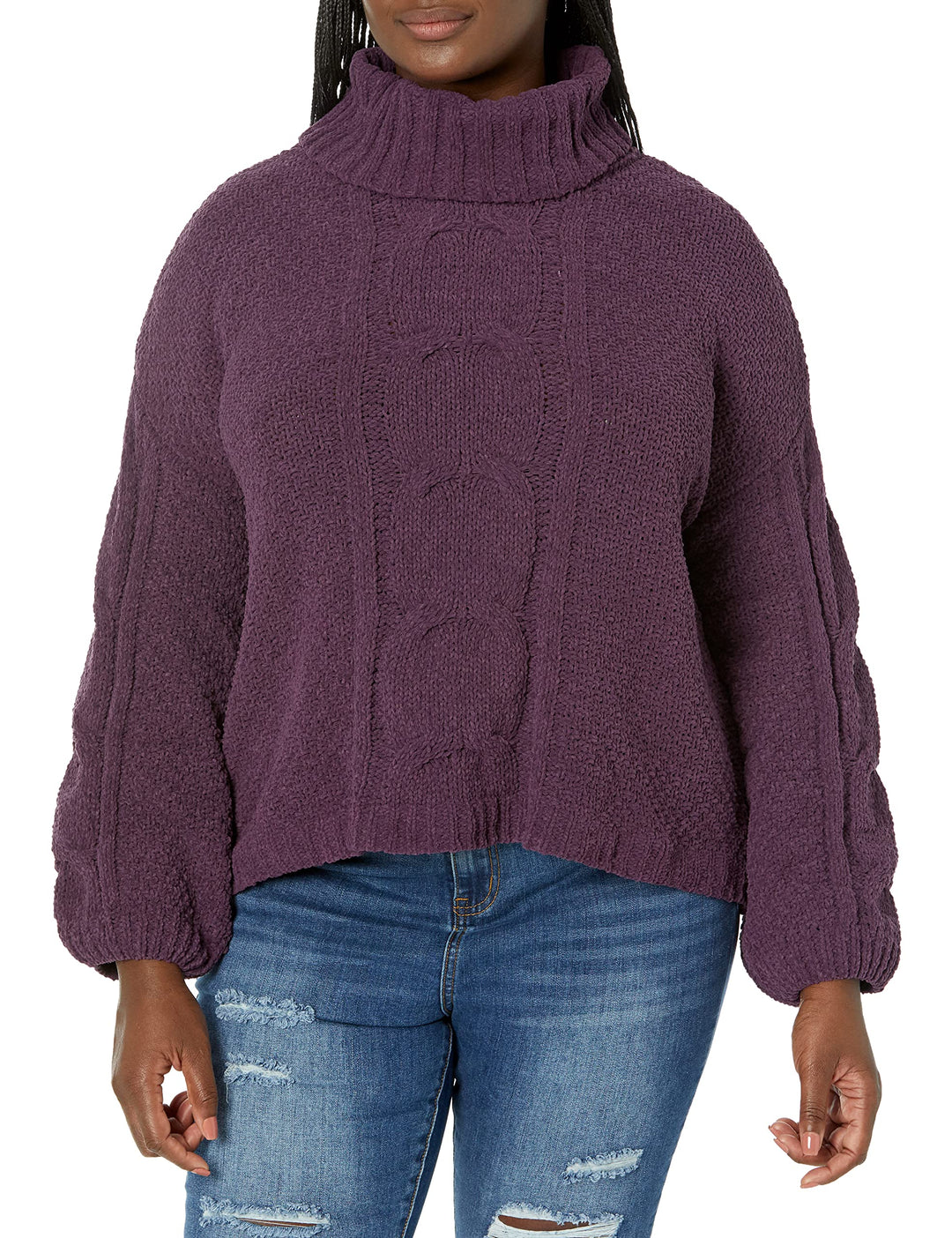 Seven7 Women's Cable Cowl Neck Sweater, Purple, S