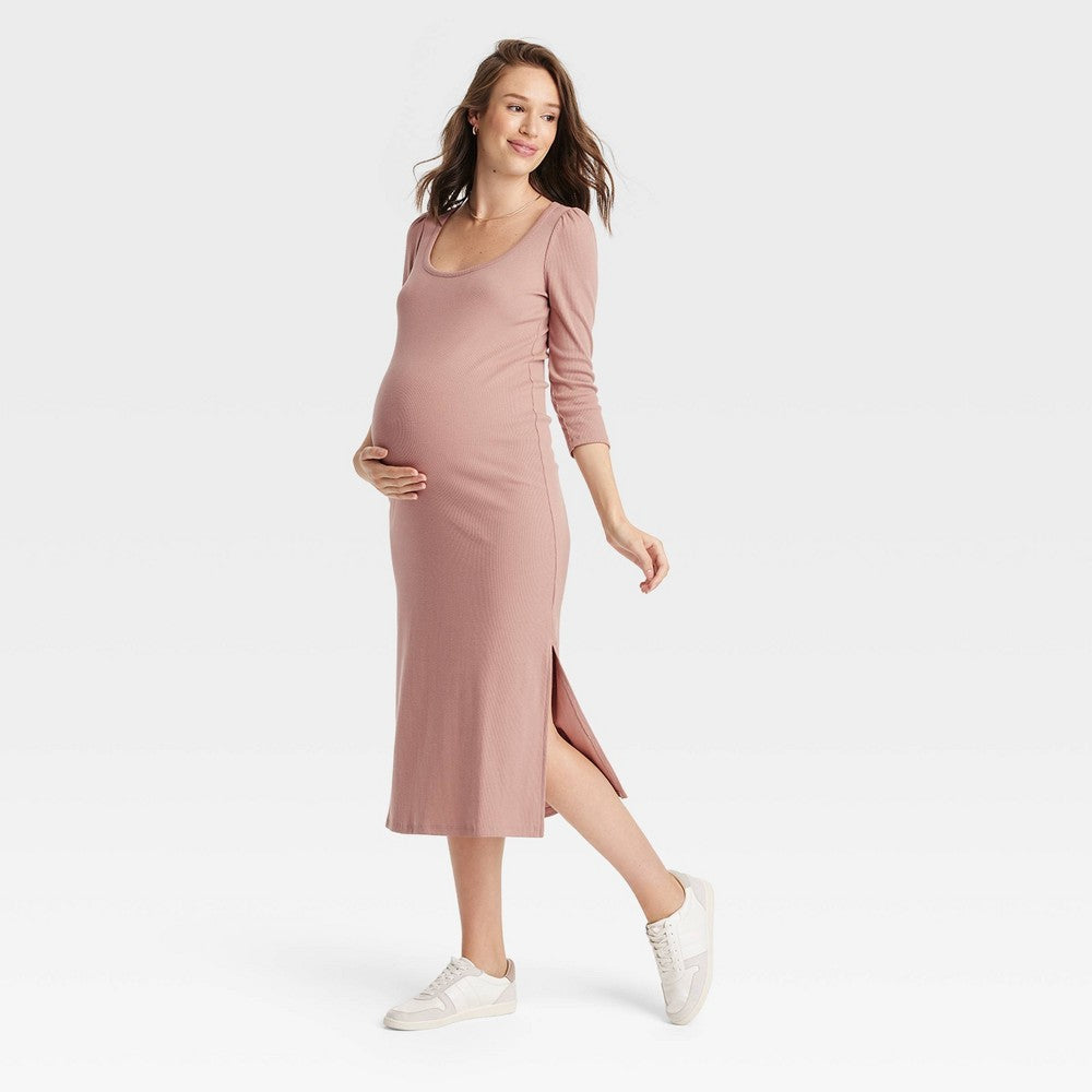 The Nines by HATCH 3/4 Sleeve Ribbed Jersey Maternity Dress Pink M