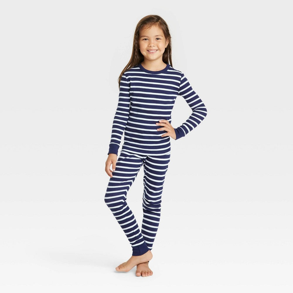 Kids' Striped 100% Cotton Tight Fit Matching Family Pajama Set - Navy 12