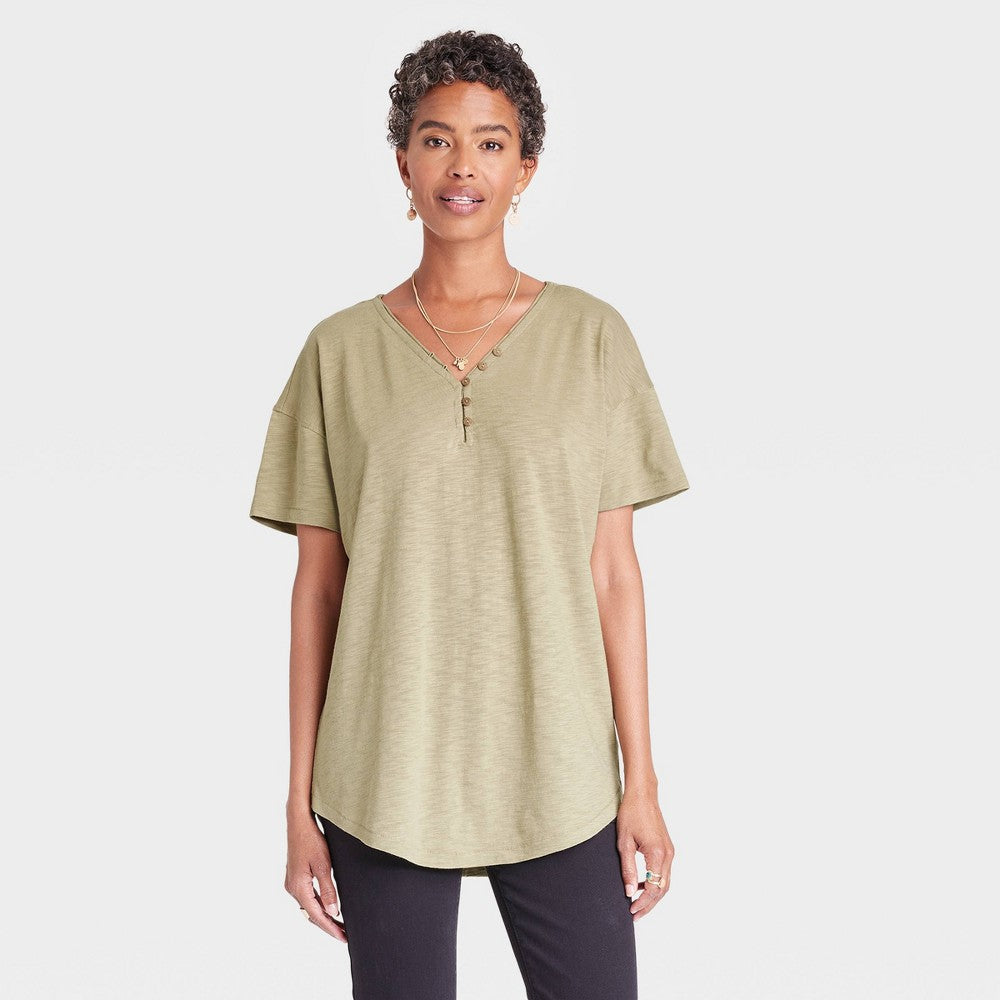 Women's Short Sleeve Essential Henley Tunic T-Shirt - Knox Rose™ Khaki M