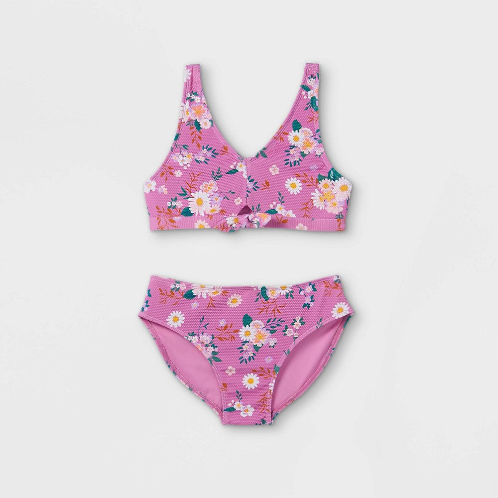 Girls' Floral Print Tie-Front 2pc Bikini Set - art class Pink XS
