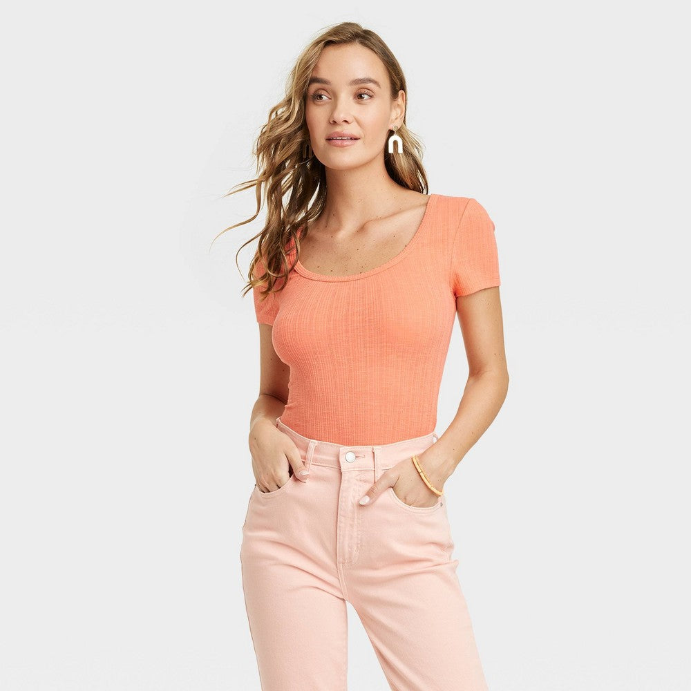 Women's Ribbed Scoop Short Sleeve T-Shirt - Universal Thread™ Orange M