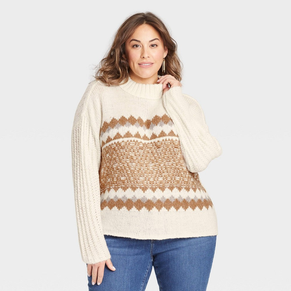 Women's Plus Size Mock Turtleneck Fairisle Pullover Sweater - Knox Rose Ivory 2X