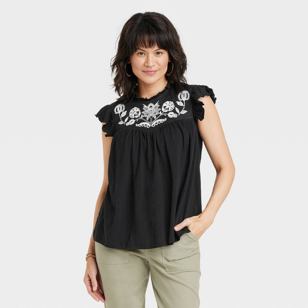 Women's Short Sleeve Embroidered Top - Knox Rose™ Black Floral S