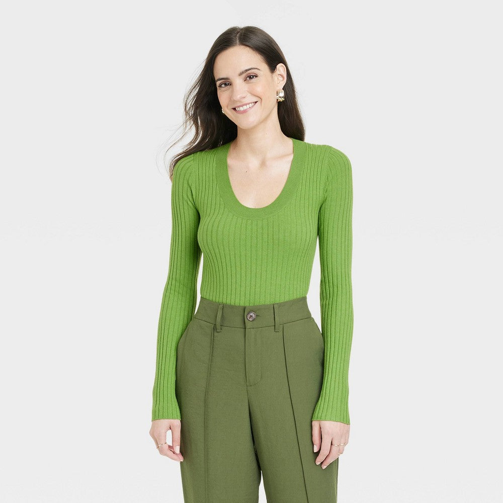 Women's Fine Gauge Scoop Neck Sweater - A New Day, Green L