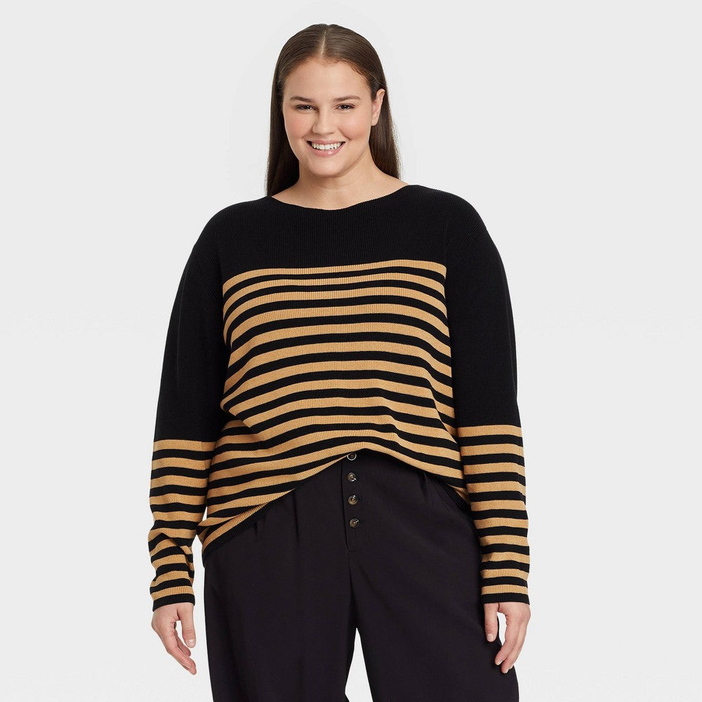 Women's Plus Size Boat Neck Pullover Sweater - Who What Wear Black Striped 1X