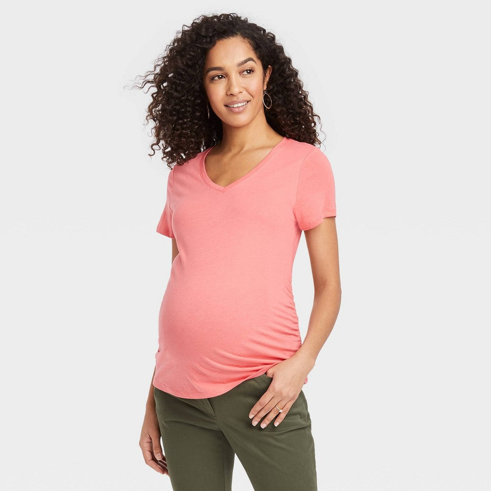 Short Sleeve V-Neck Side Shirred Maternity T-Shirt - Pink XL