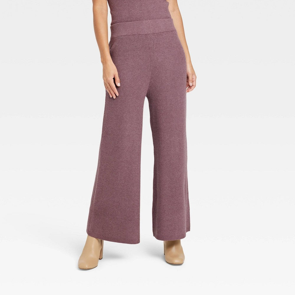 Women's High-Rise Ribbed Sweater Wide Leg Pants - A New Day Purple M