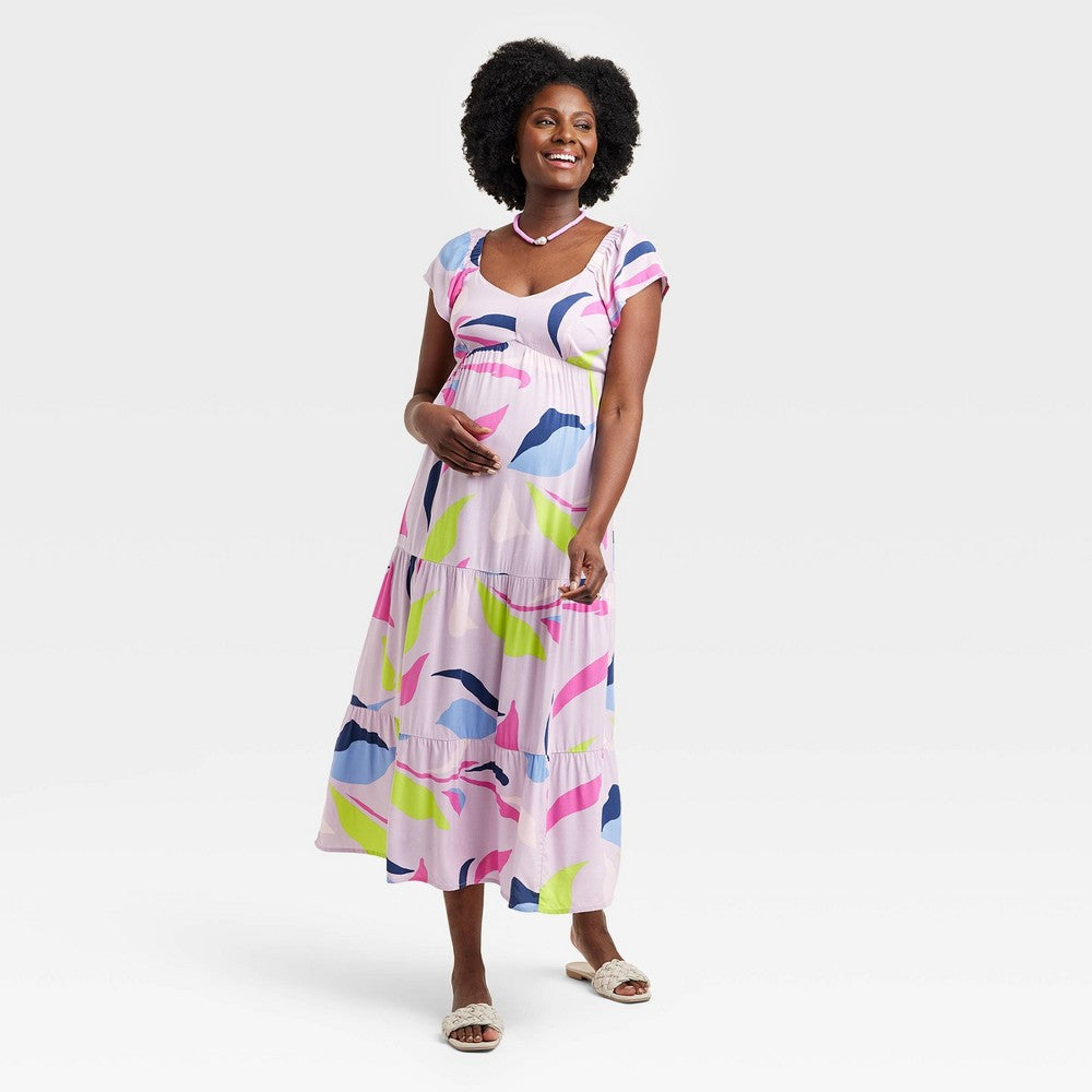 Flutter Short Sleeve Woven Midi Maternity Empire Waist Dress - S