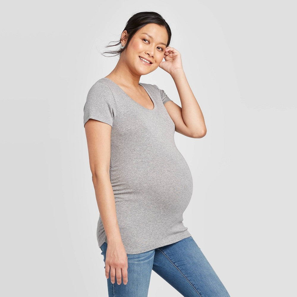 Short Sleeve Scoop Neck Side Shirred Maternity T-Shirt - Isabel Maternity, XS
