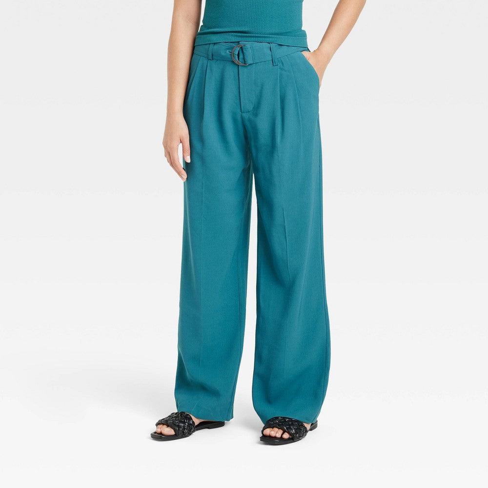 Women's High-Rise Relaxed Fit Straight Belted Trousers - A New Day Teal 14, Blue