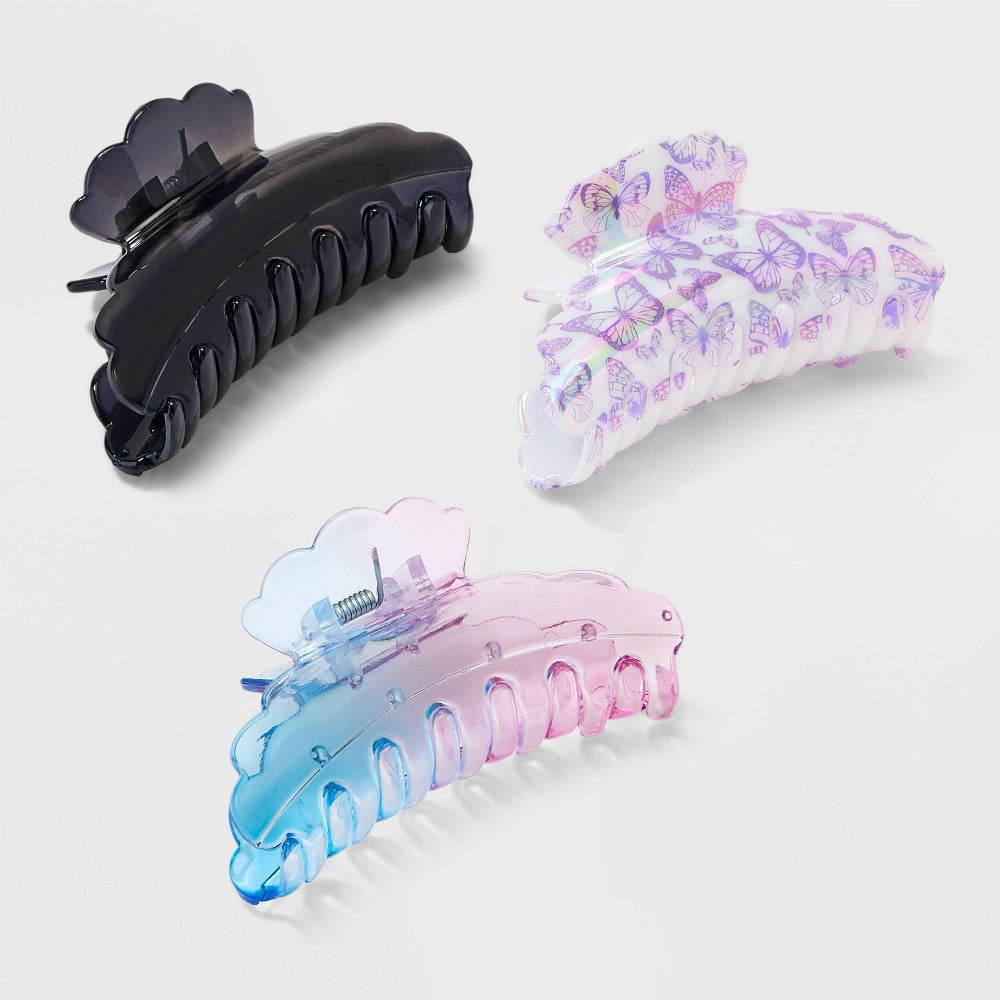 Butterfly Print and Ombre Cloud Claw Hair Clip Set 3pc - Wild Fable™ Blue/Purple/Gray