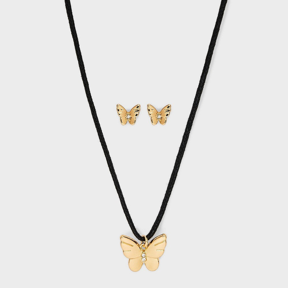 Butterfly Cord and Ear Pendant Necklace Set 2pc - Wild Fable, Gold