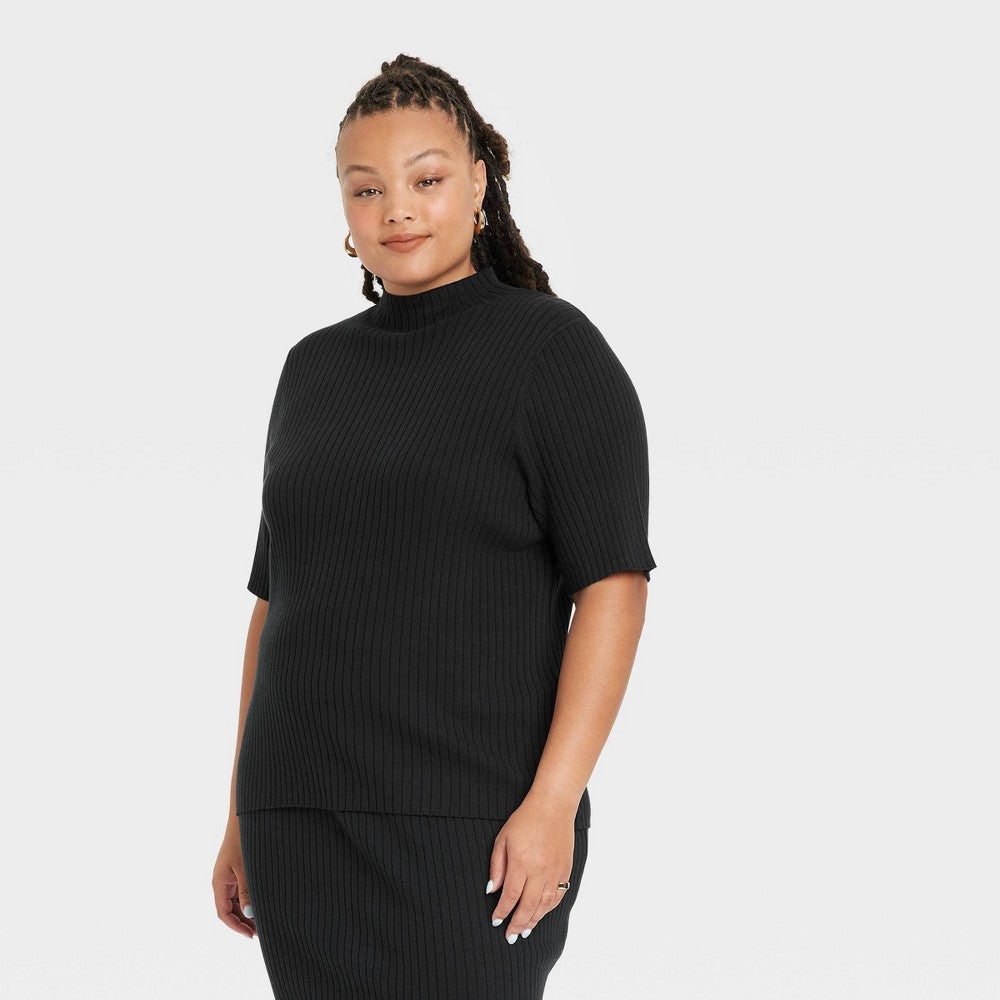Women's Plus Size Mock Turtleneck Ribbed Pullover Sweater - Ava & Viv Black 2X