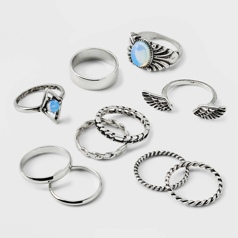 Moonstone and Frozen Chain Wings Ring Set 10pc - Wild Fable, Silver