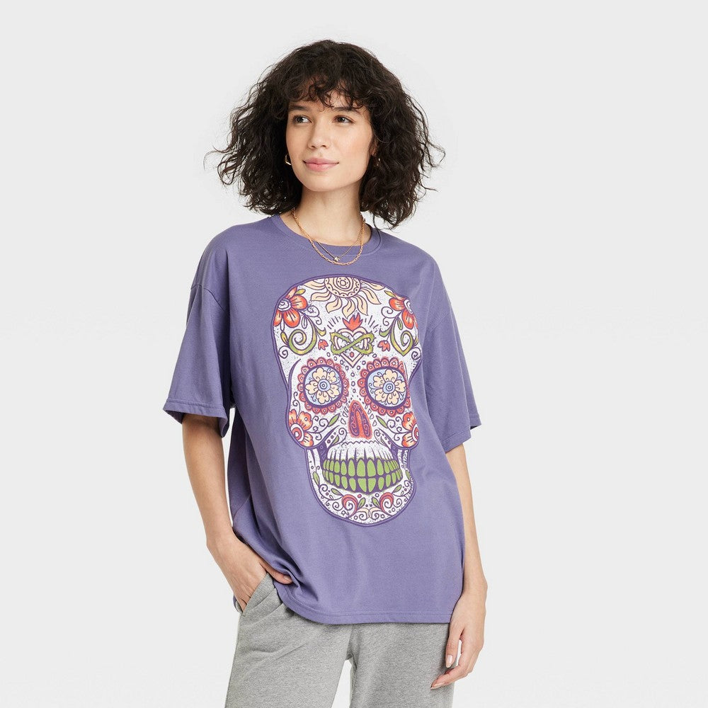 Women's Dia De Los Muertos Sugar Skull Short Sleeve Graphic T-Shirt - Purple M