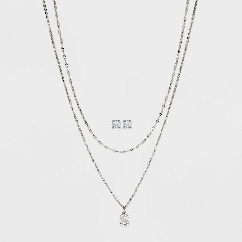 Silver Plated Cubic Zirconia Stud Earring and Initial "S" Multi-Strand Chain Necklace Set 2pc - Silver