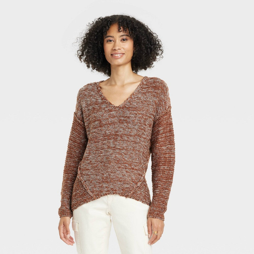 Women's V-Neck Pullover Sweater - Universal Thread Brown XS