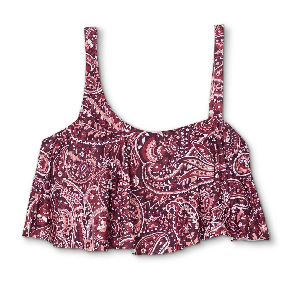 Women's Post Mastectomy One Shoulder Flounce Longline Bikini Top - Kona Sol Burgundy XL, Red