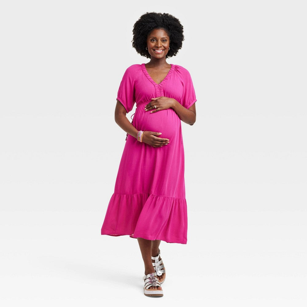 Elbow Sleeve Cinch Waist Woven Maternity Dress - Rose Red XS