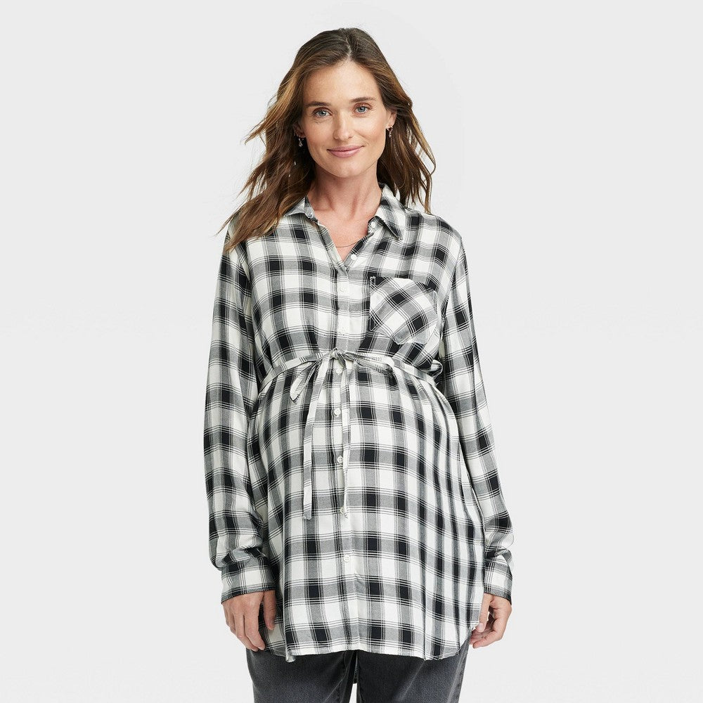 Long Sleeve Collared Classic Woven Popover Maternity Shirt - Isabel Maternity by Ingrid & Isabel White Plaid XS