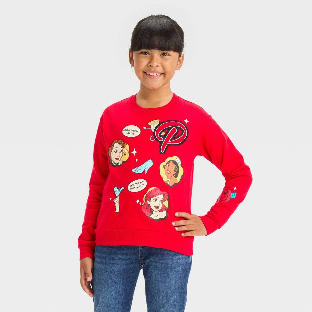 Girls' Disney 100 Princess Retro Reimagined Patch Sweatshirt - Red L