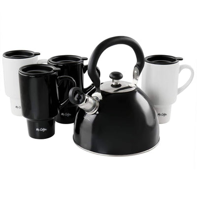 Mr. Coffee 9 Piece Whistling Tea Kettle and Travel Mug Set in Black and White