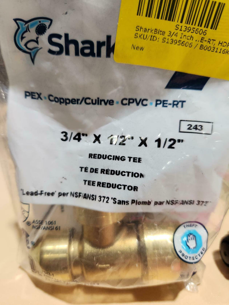SharkBite Push to Connect 3/4 in. Push x 1/2 in. Dia. Push Brass Reducing Tee