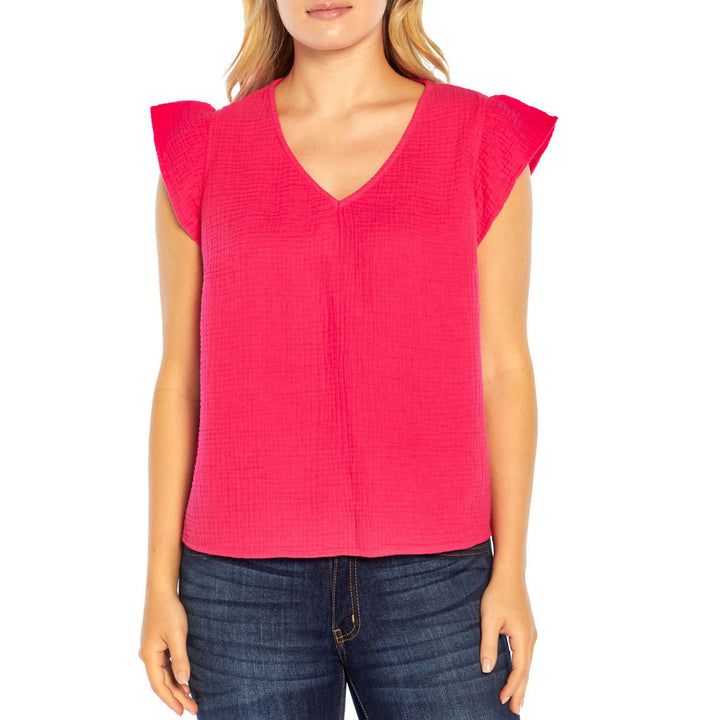 Three Dots Women Short Sleeve V-Neck Double Layer Gauze Shirt (Fuchsia  XL)